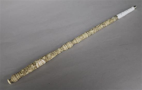 A 19th century Cantonese carved ivory presentation umbrella handle overall length 35.5cm